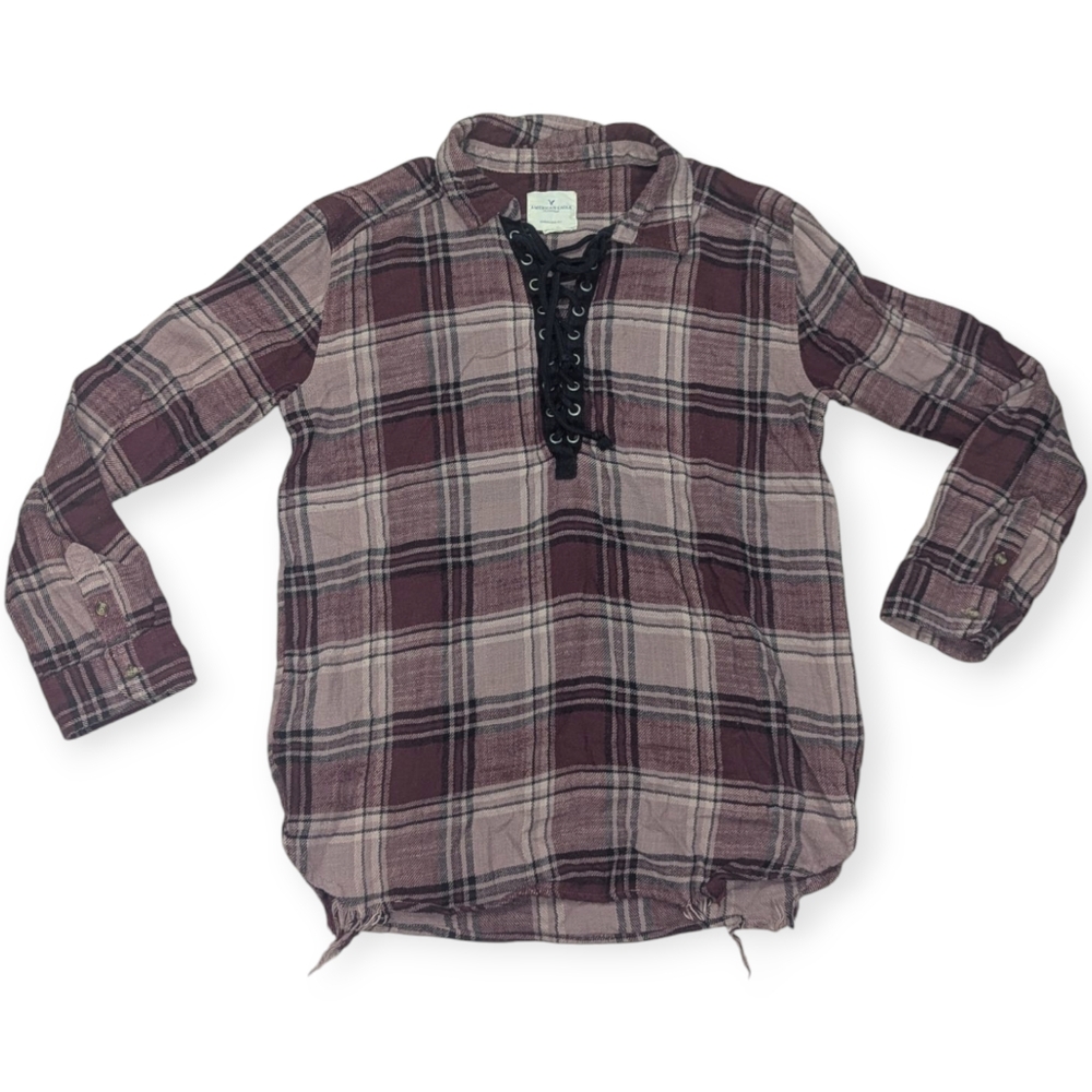 American Eagle Flannel Shirt Womens Medium Oversized Fit Corset Tie Front Blouse